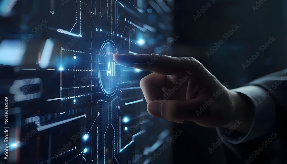 Poster a hand touching an ai icon of digital security on the screen, symbolizing modern technology and data