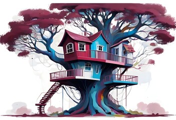 A colorful, whimsical, magic tree house-like structure with various objects, furniture, and architectural elements, White background