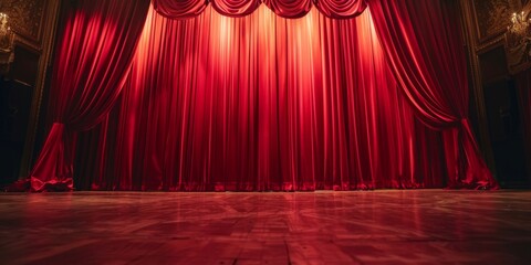Luxurious Red Velvet Theater Curtain on Stage, Ready to Unveil the Next Grand Performance, Graduation Speech, Award Ceremony, or Competition Winner Announcement in High-Resolution AI-Generated Wallpap