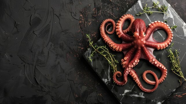 Mini baby octopus displayed on a marble board with thyme Black background overhead shot space for text