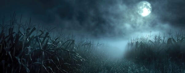 Eerie Night in Sinister Cornfield - Scarecrows with Glowing Red Eyes, Moonlit Shadows, and Rolling Fog