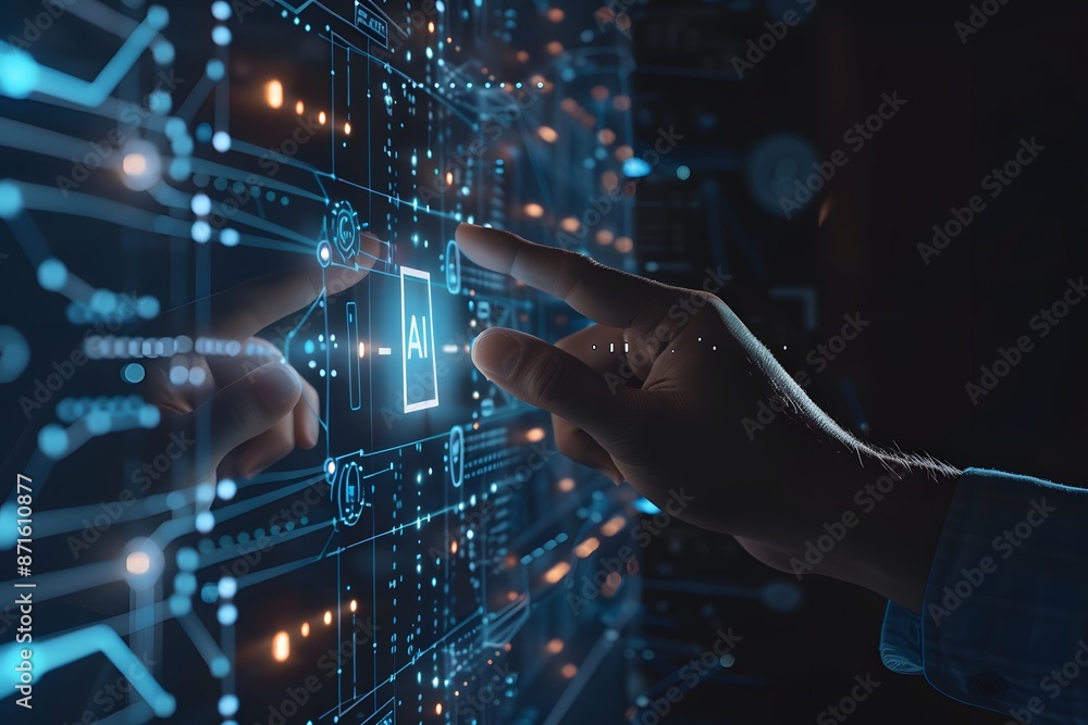 Aufkleber a hand touching an ai icon of digital security on the screen, symbolizing modern technology and data