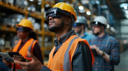 Futuristic Logistics Management Team Using AR Glasses and Smart Tablets in Warehouse