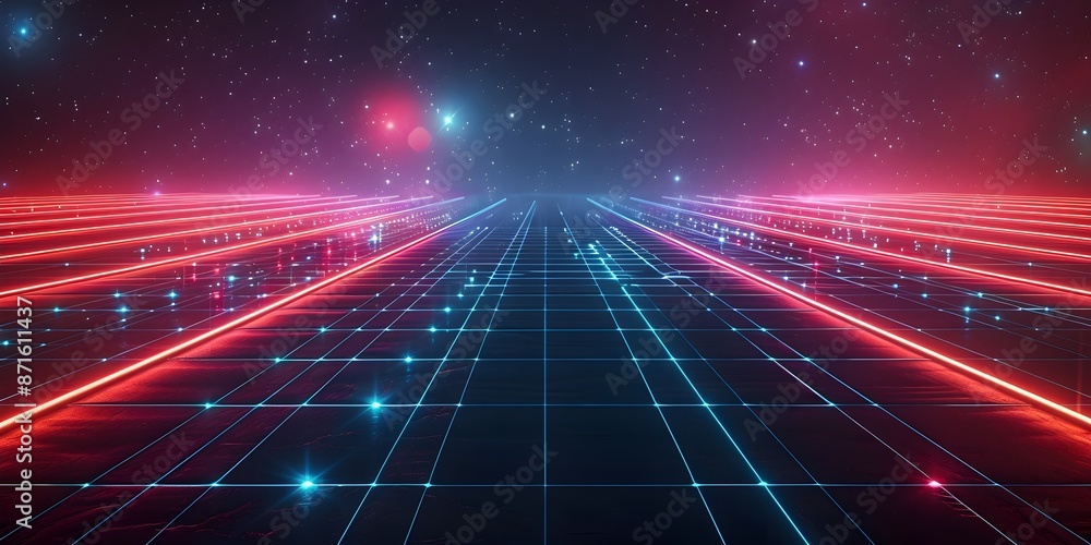 Poster Vibrant Neon Grid Lines on Dark Backdrop in Retro 80s Style for Tech Gadget Concepts