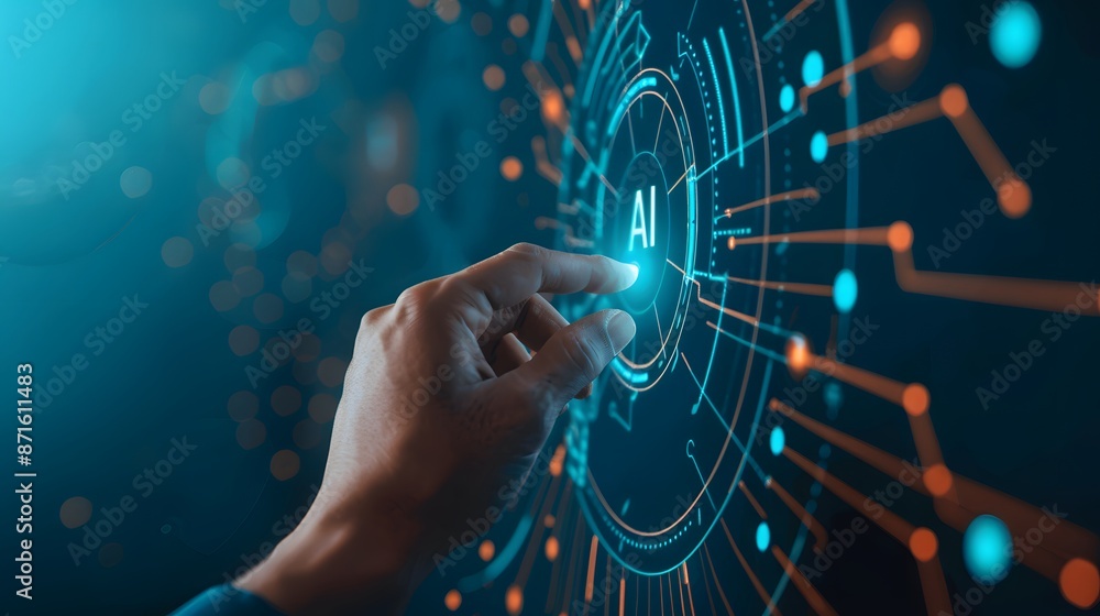 Poster a hand touching an ai icon of digital security on the screen, symbolizing modern technology and data