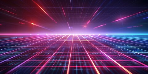 Vibrant Neon Grid Lines on Dark Backdrop in 80s Retro Style for Tech Gadgets and Product Display