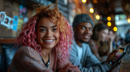 Obraz premium Smiling Friends Enjoying Quality Time at a Cozy Cafe
