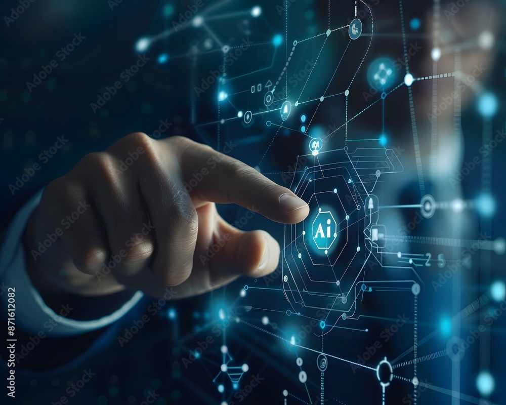 Aufkleber a hand touching an ai icon of digital security on the screen, symbolizing modern technology and data
