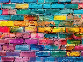 Fototapeta premium A colorful brick wall with a rainbow of colors.