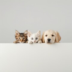 Cute kitten, white cat and golden retriever puppy peeking over the edge of an empty table isolated on a clear background