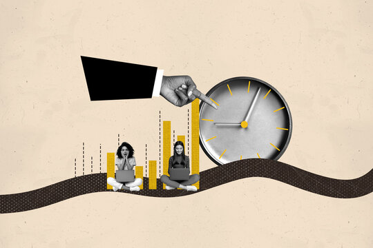 Creative collage picture young women colleagues coworkers sit deadline clock time management schedule boss hand point countdown efficiency