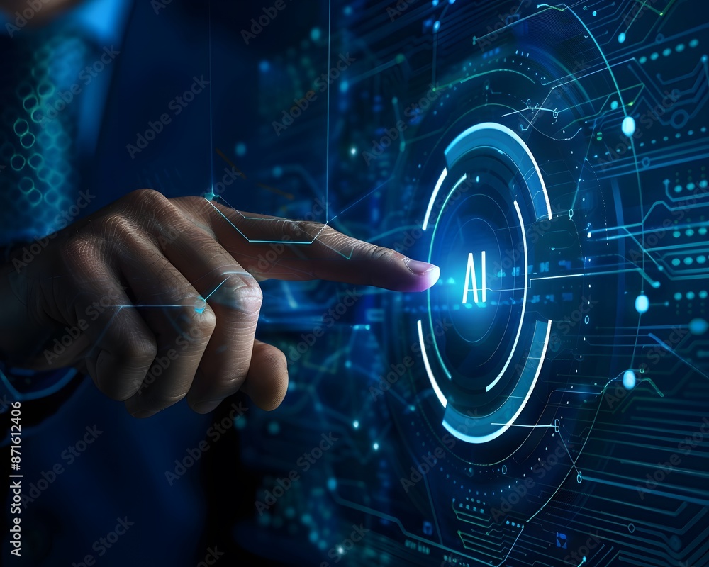 Poster a hand touching an ai icon of digital security on the screen, symbolizing modern technology and data