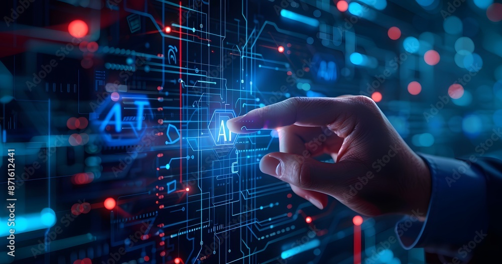 Poster a hand touching an ai icon of digital security on the screen, symbolizing modern technology and data