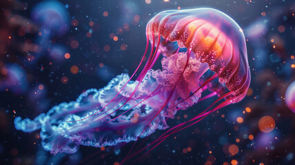 Obraz premium Glowing jellyfish with pink and purple hues in the ocean.