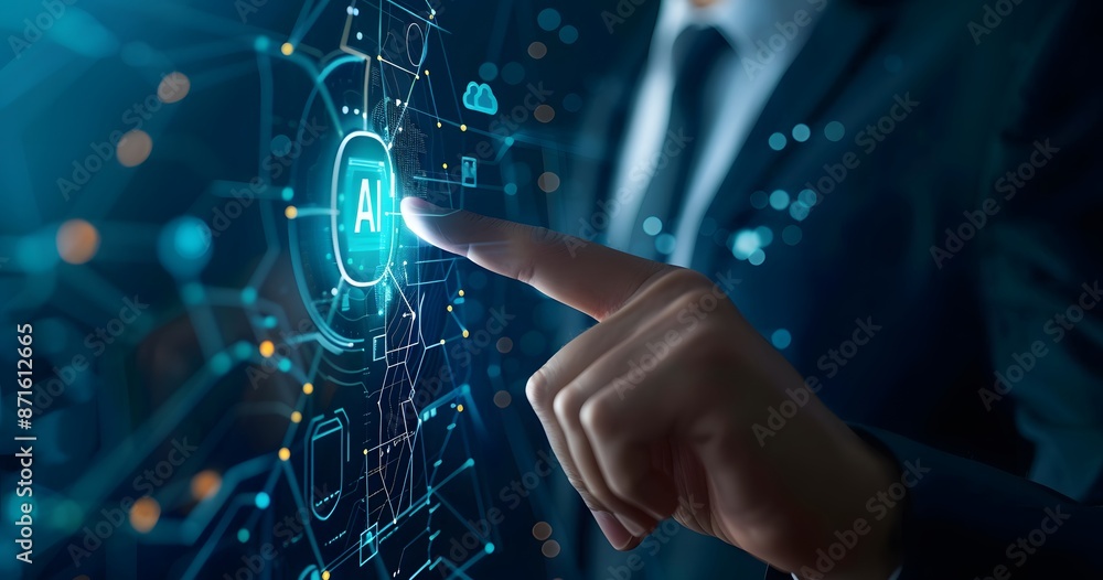 Poster a hand touching an ai icon of digital security on the screen, symbolizing modern technology and data