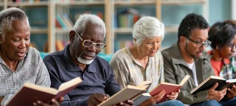 Diverse group of adults learning to read together, International Literacy Day, celebrating lifelong learning and adult education