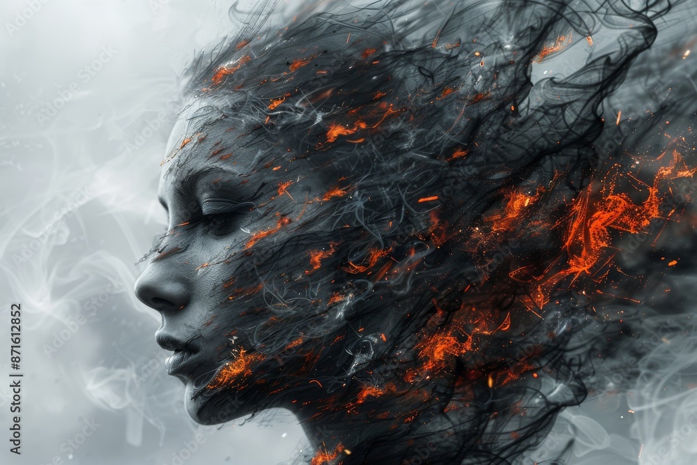 Poster fiery abstract human figure dissolving into smoke representing transformation energy and the dynamic