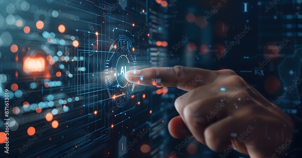 Poster a hand touching an ai icon of digital security on the screen, symbolizing modern technology and data