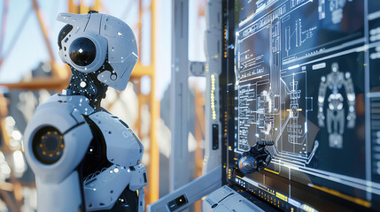 Fototapeta premium Futuristic robot interacts with digital screen displaying schematics generated with AI