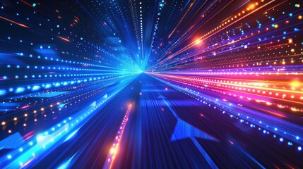 A colorful, swirling light display with a blue arrow in the middle