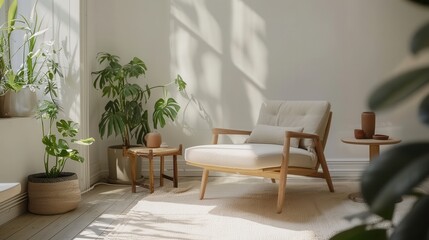 A Scandinavian design living space with clean lines, white walls, light wooden furniture, and cozy textiles, featuring a comfortable lounge chair, simple coffee table, and indoor plants adding warmth