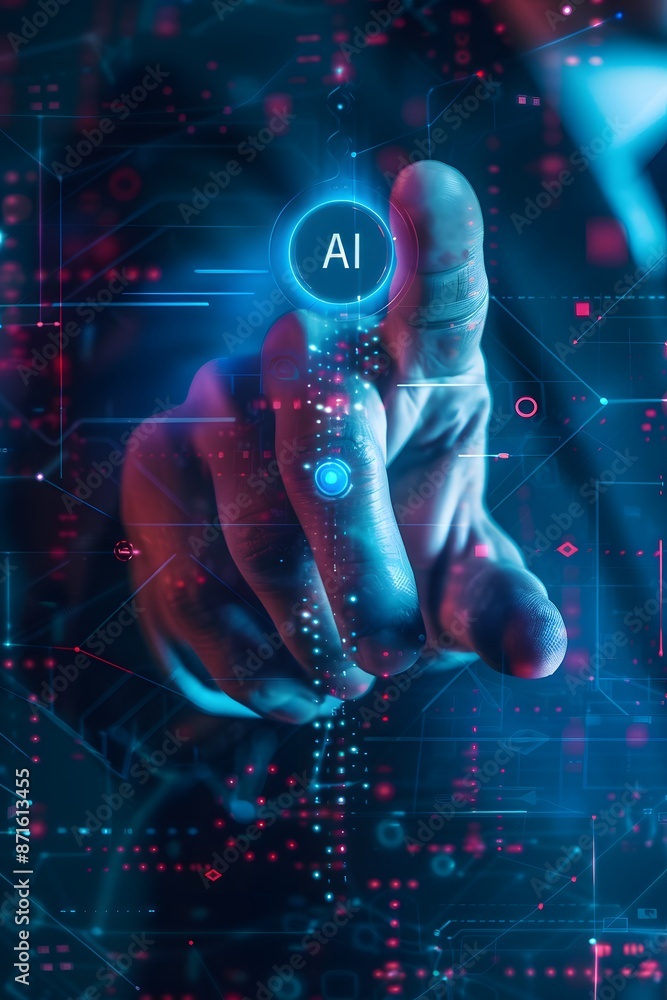 Poster a hand touching an ai icon of digital security on the screen, symbolizing modern technology and data