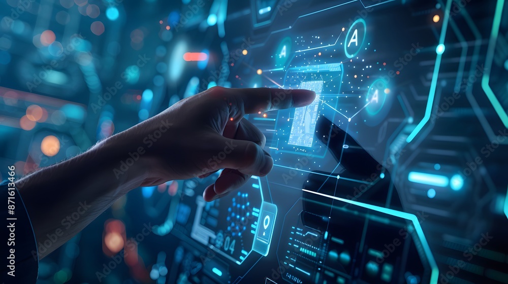 Poster a hand touching an ai icon of digital security on the screen, symbolizing modern technology and data