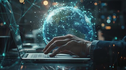 Businessman typing on laptop, earth sphere and lines 
