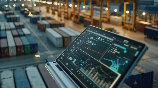 Futuristic AI-Driven Logistics Platform on Tablet Displaying Real-Time Supply Chain Analytics and Automated Decisions