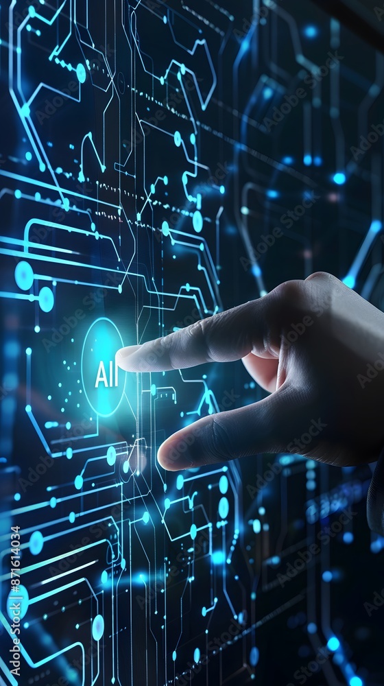 Poster a hand touching an ai icon of digital security on the screen, symbolizing modern technology and data