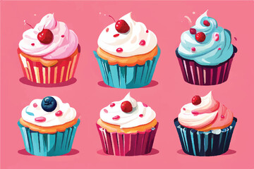 Cute sweet cupcake set icon. Set of cupcakes. Cupcake with cream, birthday decoration vector illustration, food icon. Sweet cupcakes. 