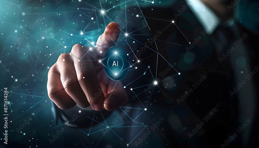 Poster a hand touching an ai icon of digital security on the screen, symbolizing modern technology and data