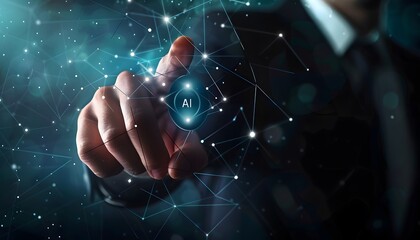 A hand touching an AI icon of digital security on the screen, symbolizing modern technology and data protection in business