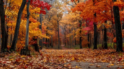 Naklejka premium Vibrant Autumn Forest with Colorful Foliage and Tall Trees 