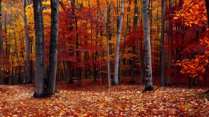 Vibrant Autumn Forest with Colorful Foliage and Tall Trees
