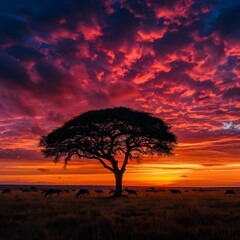 Stunning African Sunset with Silhouetted Acacia Tree and Dramatic Sky
