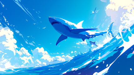 Obraz premium vector art shark style art anime in ocean