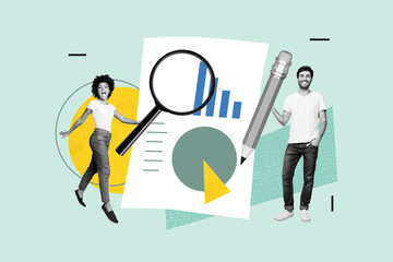 Composite photo collage of two happy business people black girl white guy paper documentation chart diagram isolated on painted background