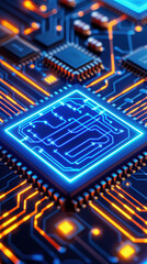 A computer chip is shown in a blue and orange color scheme