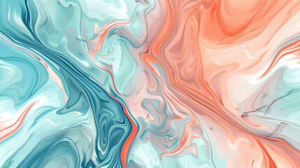 Fototapeta premium Abstract fluid peach and turquoise color background with liquid marble or iridescent glitter flowing in waves texture for design, banner, poster, card, print on paper, vector illustration, 3D render, 