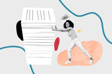 Creative photo collage young woman push document stack pile paperwork overloaded workaholic office employee anxiety unhappy