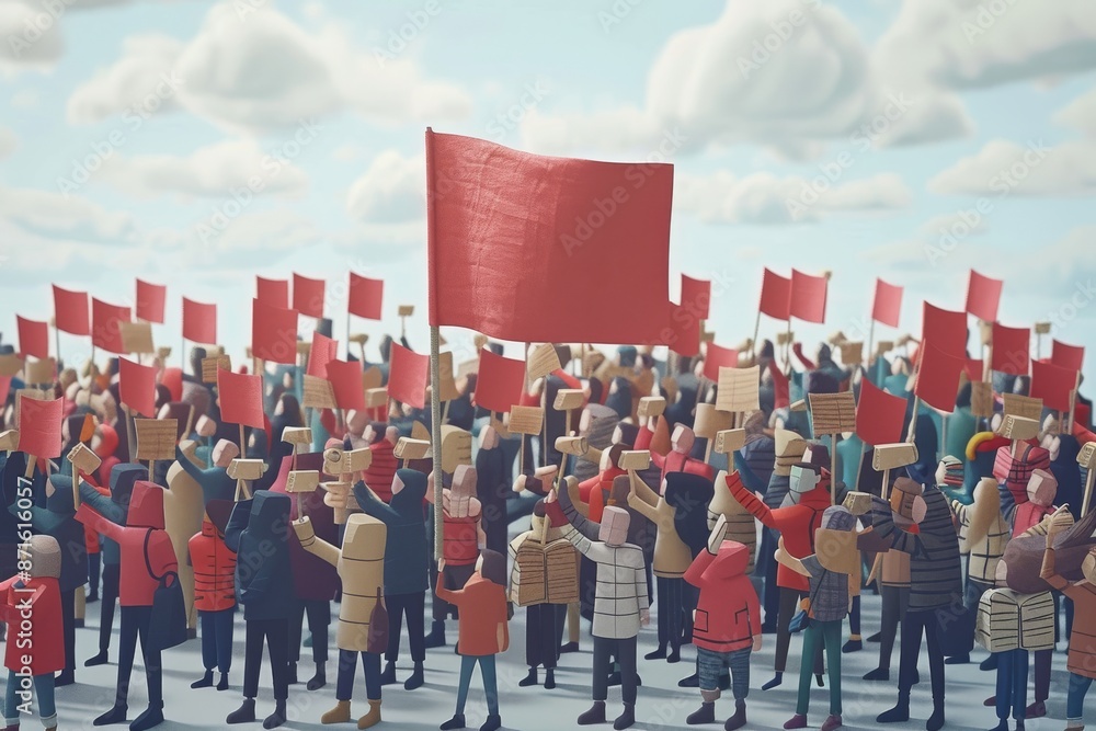 Aufkleber crowd with red flags in a public demonstration symbolizing unity protest and social movement in a po