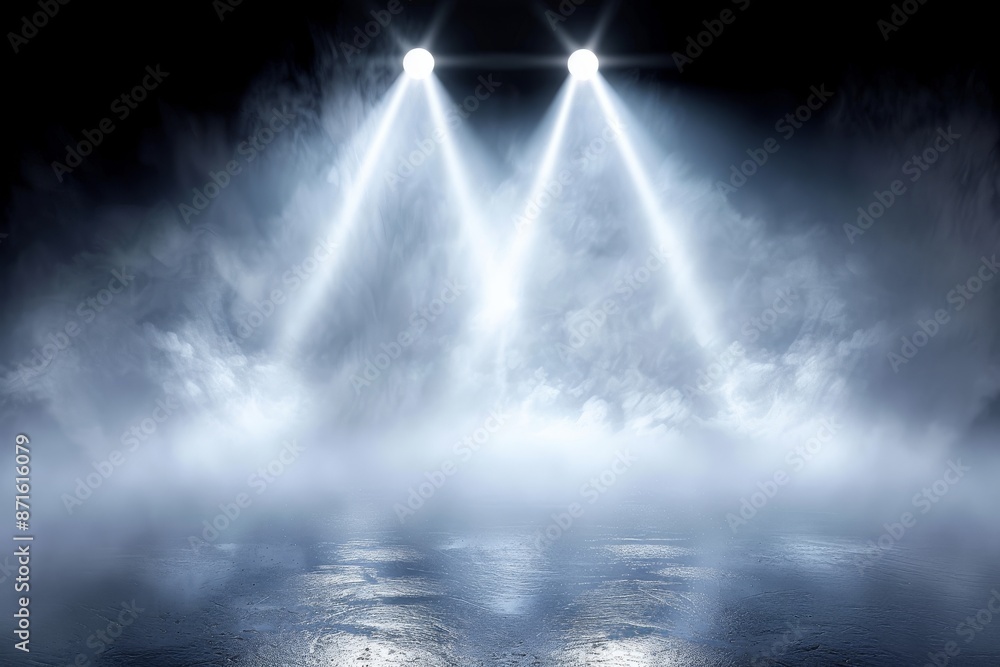 Poster stage with bright spotlights and fog symbolizing performance drama and the magic of theater in a mys