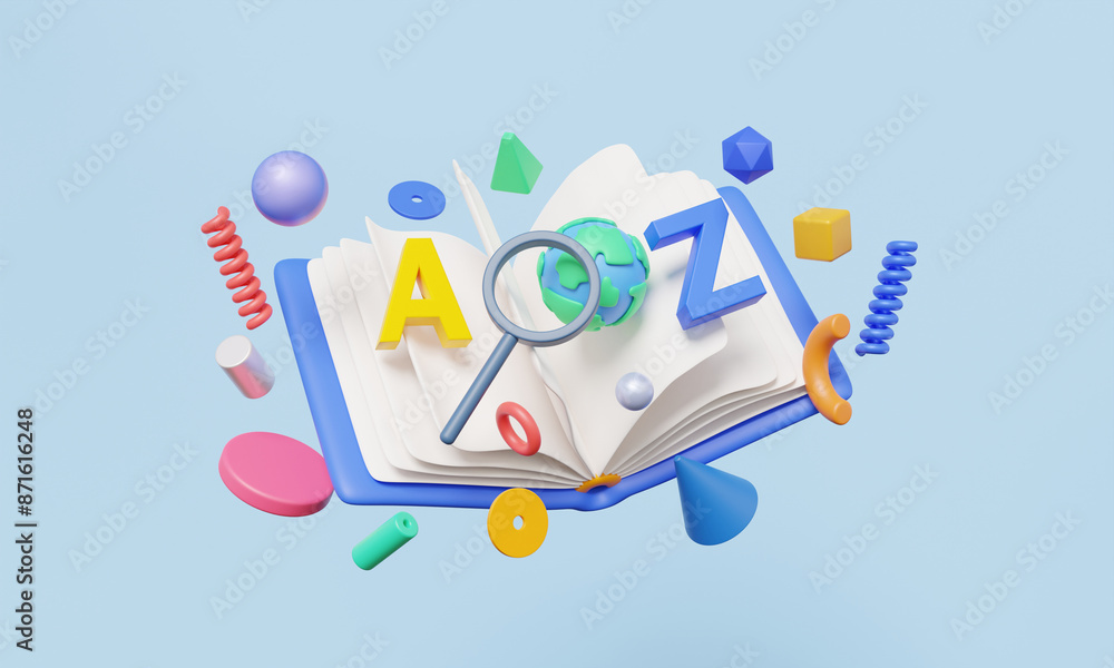 Fototapete open book floating on sky blue pastel background. study english language a to z of kid with reading 