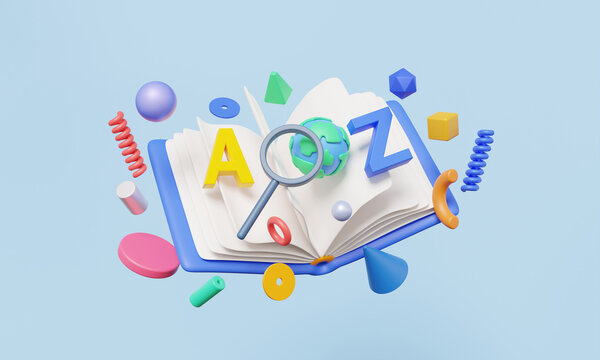Open book floating on sky blue pastel background. study english language A to Z of kid with reading writing training learning online education concept. banner, 3d rendering illustration