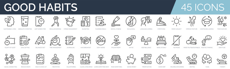 Set of 45 outline icons related to good habits. Linear icon collection. Editable stroke. Vector illustration