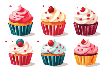 Cute sweet cupcake set icon. Set of cupcakes. Cupcake with cream, birthday decoration vector illustration, food icon. Sweet cupcakes. 