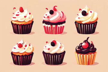 Cute sweet cupcake set icon. Set of cupcakes. Cupcake with cream, birthday decoration vector illustration, food icon. Sweet cupcakes. 