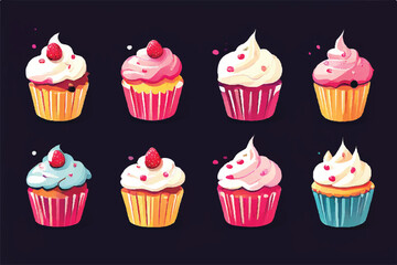 Cute sweet cupcake set icon. Set of cupcakes. Cupcake with cream, birthday decoration vector illustration, food icon. Sweet cupcakes. 