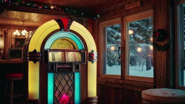 Vintage style jukebox and releases songs during the holiday season. Help create a lively atmosphere in your cozy winter cottage. AI generative